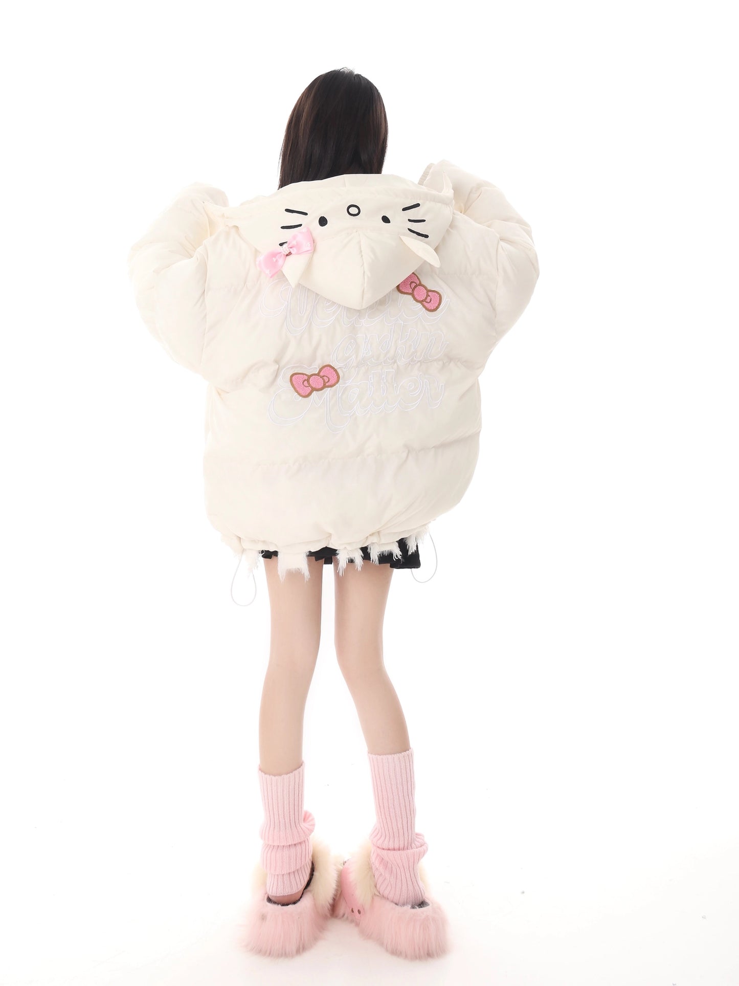 Hellokitty Winter Long Sleeve Zip Hooded Puffer Jacket Coat Pockets Baggy Short Down Coat