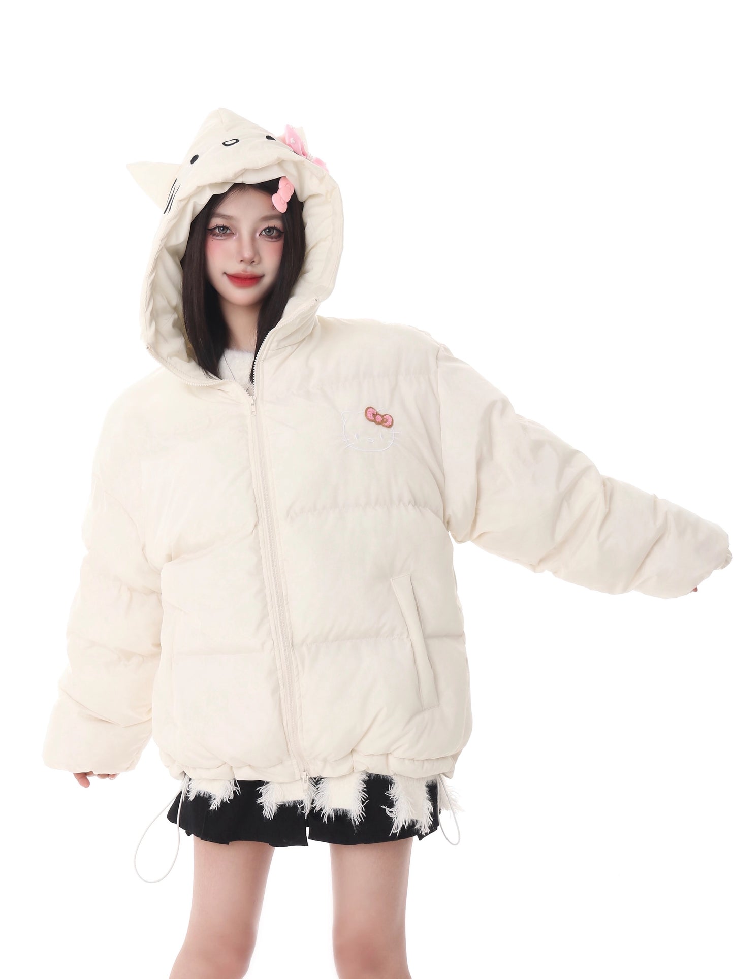 Hellokitty Winter Long Sleeve Zip Hooded Puffer Jacket Coat Pockets Baggy Short Down Coat