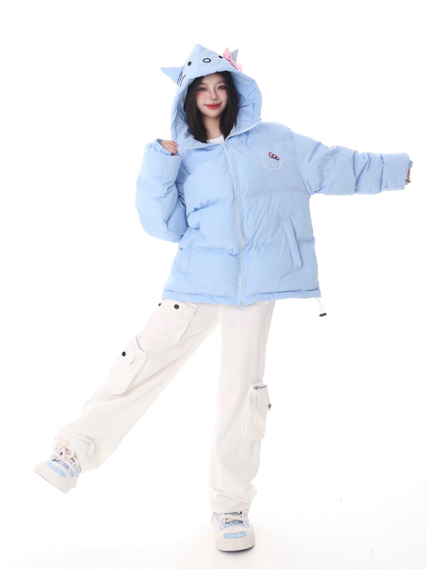 Hellokitty Winter Long Sleeve Zip Hooded Puffer Jacket Coat Pockets Baggy Short Down Coat