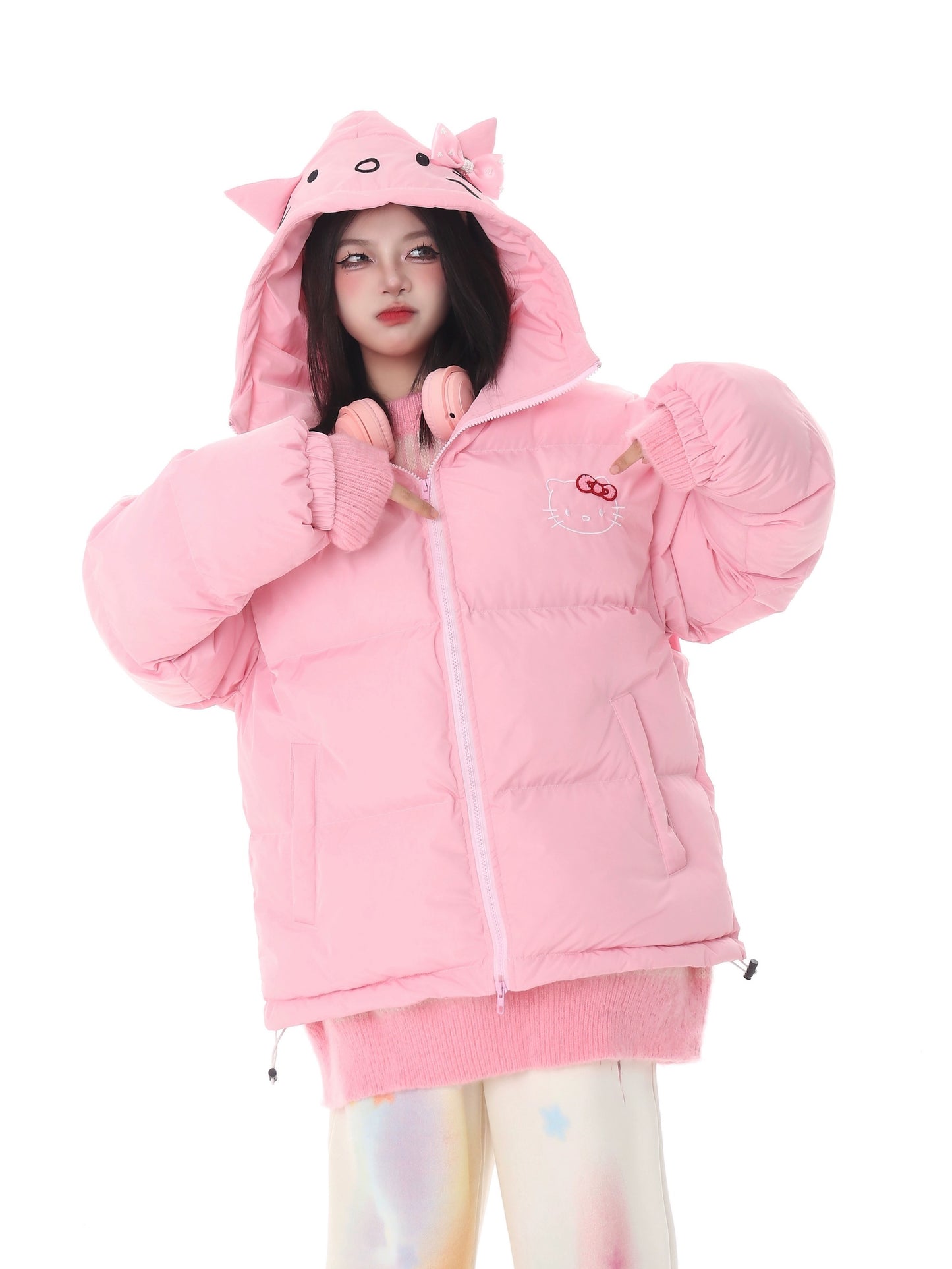 Hellokitty Winter Long Sleeve Zip Hooded Puffer Jacket Coat Pockets Baggy Short Down Coat