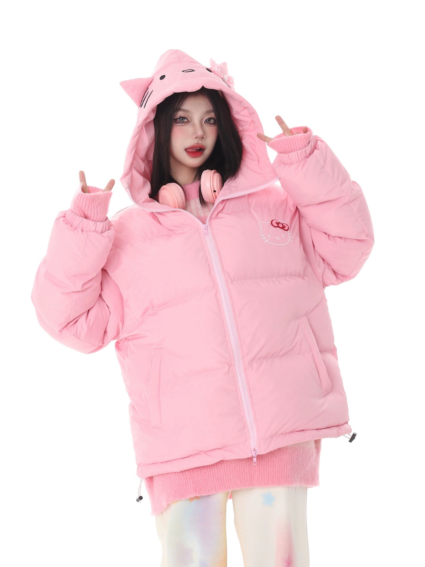 Hellokitty Winter Long Sleeve Zip Hooded Puffer Jacket Coat Pockets Baggy Short Down Coat