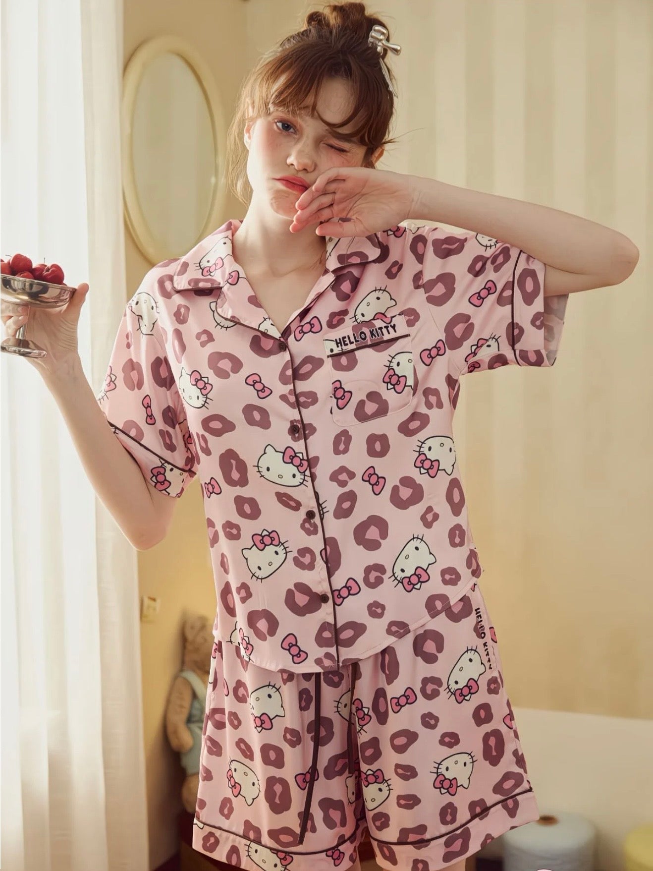 Hellokitty Pink Leopard Print  Satin Pajama Set
