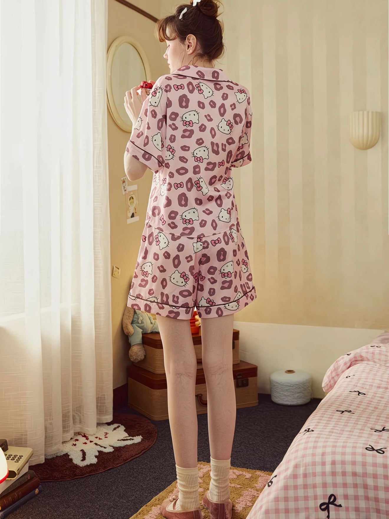 Hellokitty Pink Leopard Print  Satin Pajama Set