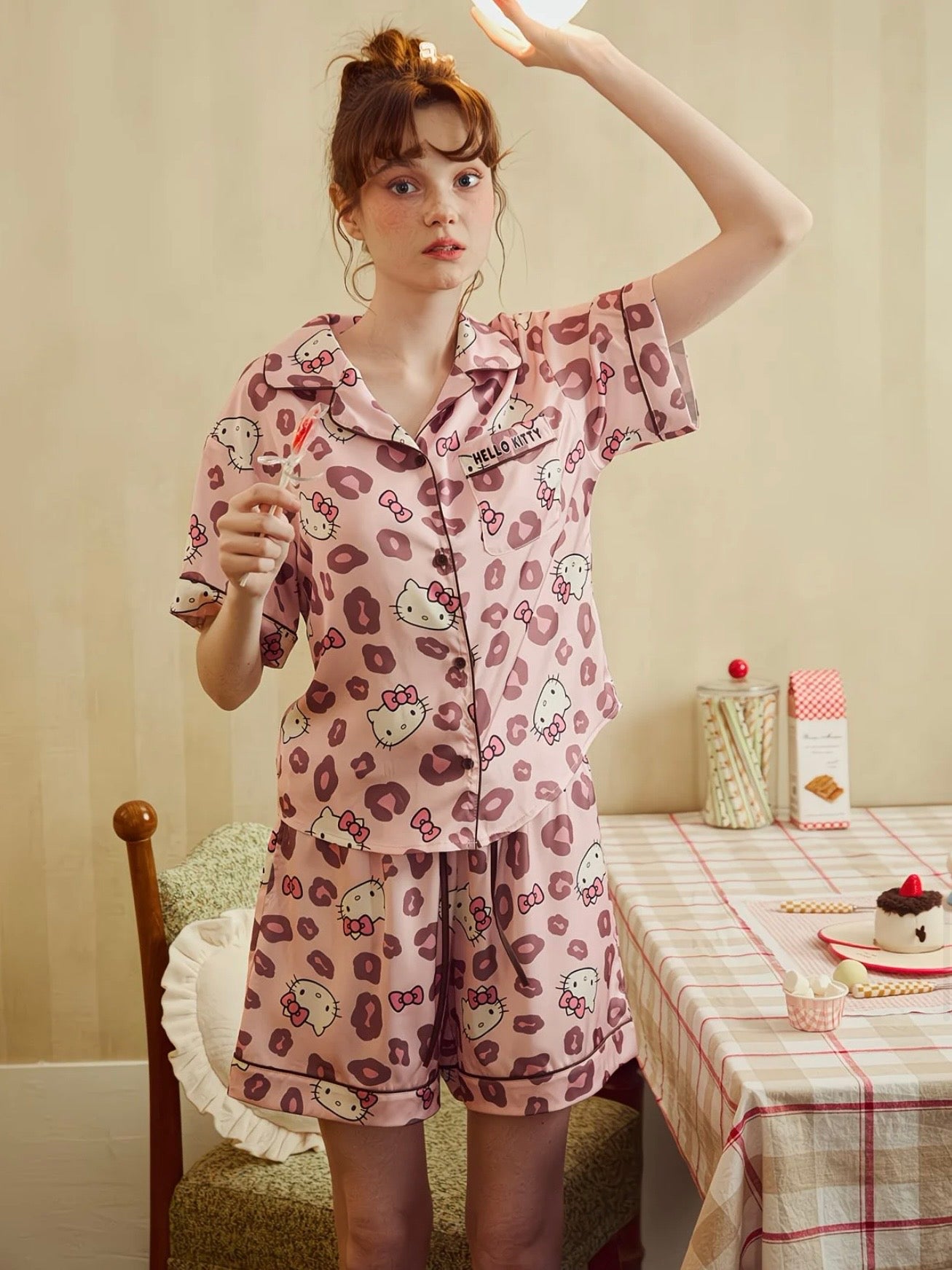 Hellokitty Pink Leopard Print  Satin Pajama Set