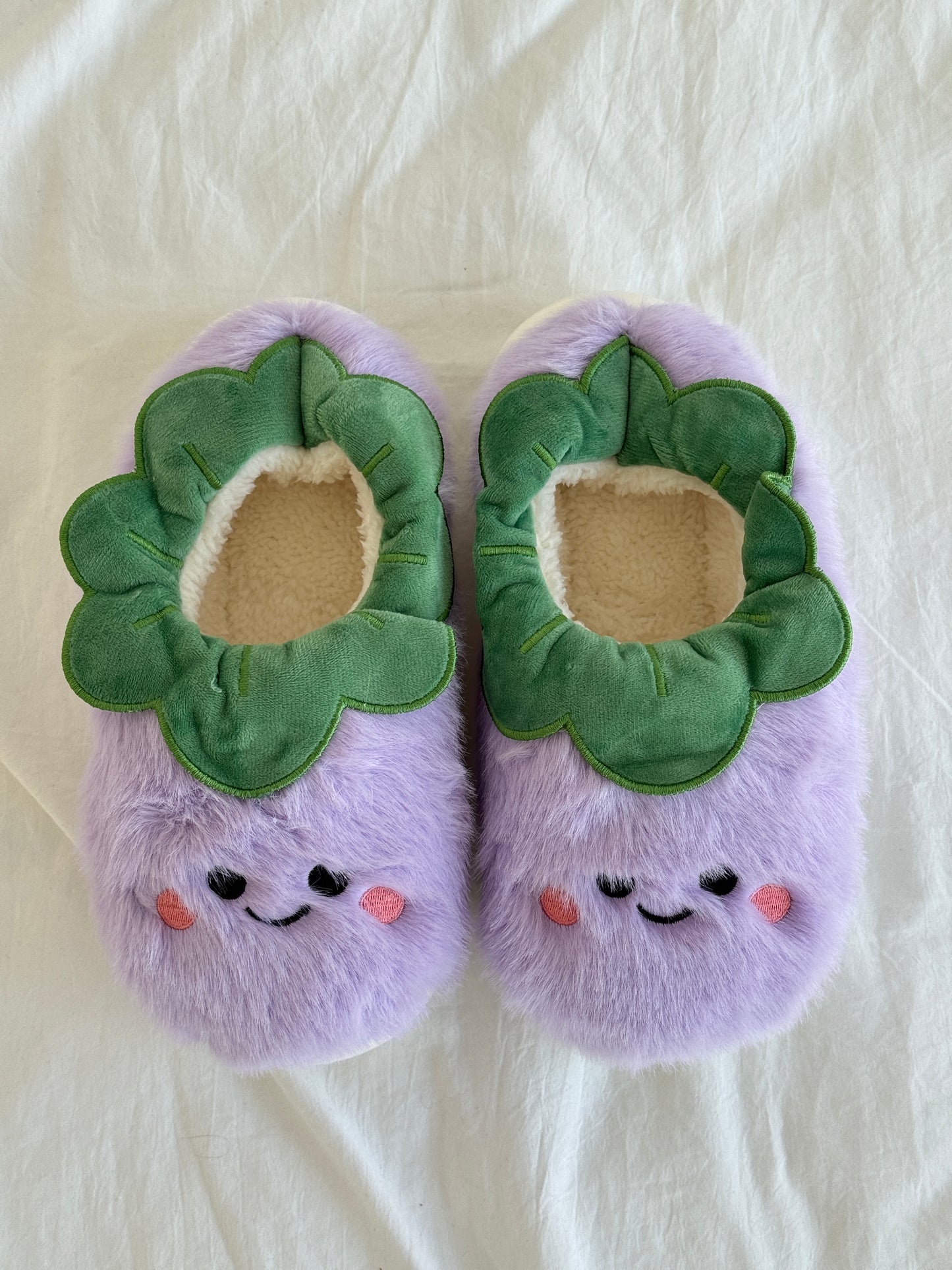 Purple Eggplant Jellycat Fuzzy Scuff Slippers Soft Comfy Memory Foam Non-slip Indoor House Shoes