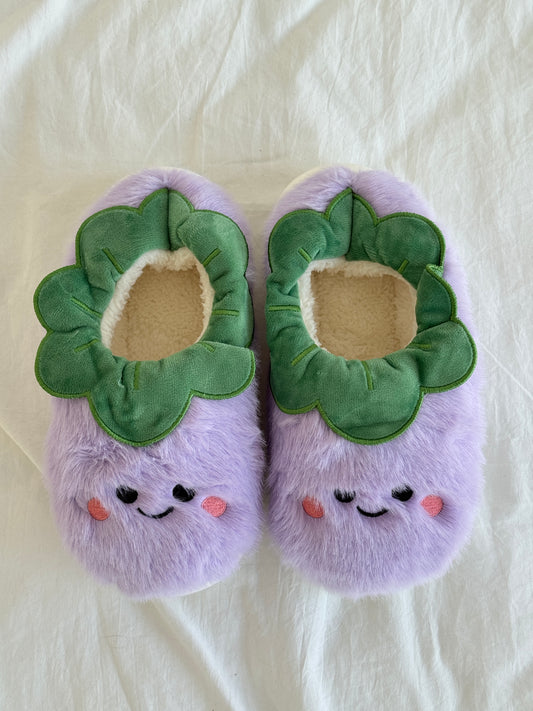 Purple Eggplant Jellycat Fluffy Fuzzy Scuff Slippers Soft Comfy Memory Foam Non-slip Indoor House Shoes
