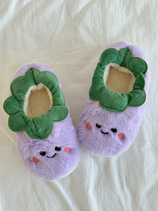 Purple Eggplant Jellycat Fuzzy Scuff Slippers Soft Comfy Memory Foam Non-slip Indoor House Shoes