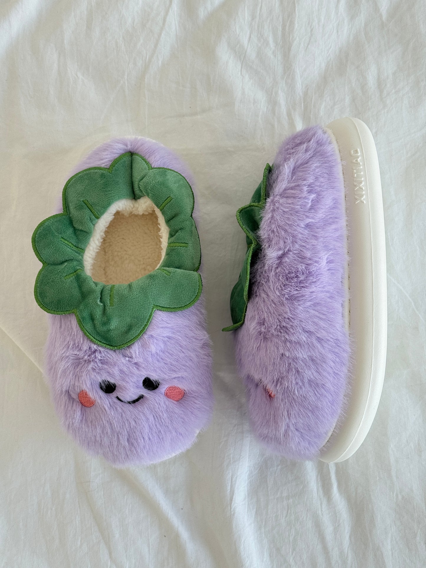 Purple Eggplant Jellycat Fuzzy Scuff Slippers Soft Comfy Memory Foam Non-slip Indoor House Shoes