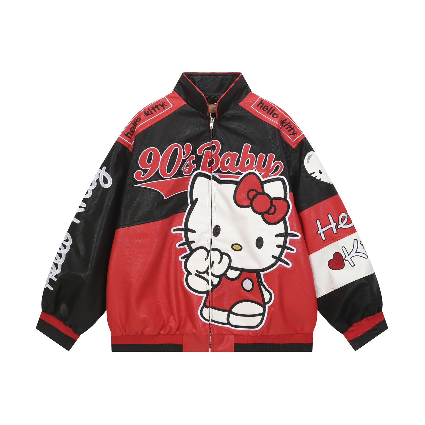 Hellokitty Red and Black Faux Leather Jacket Oversized Racing Motorcycle Jackets Moto Coats Unisex Trendy Streetwear Jacket