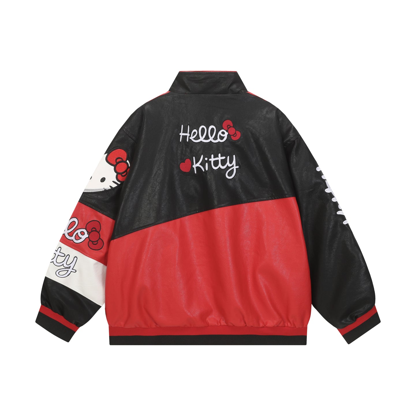 Hellokitty Red and Black Faux Leather Jacket Oversized Racing Motorcycle Jackets Moto Coats Unisex Trendy Streetwear Jacket