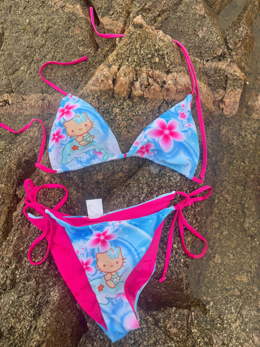 Tan Hellokitty Dolphin Blue Halter Tie Side Triangle Bikini Set high Cut 2 Piece Bikini Swimsuit Bathing Suit