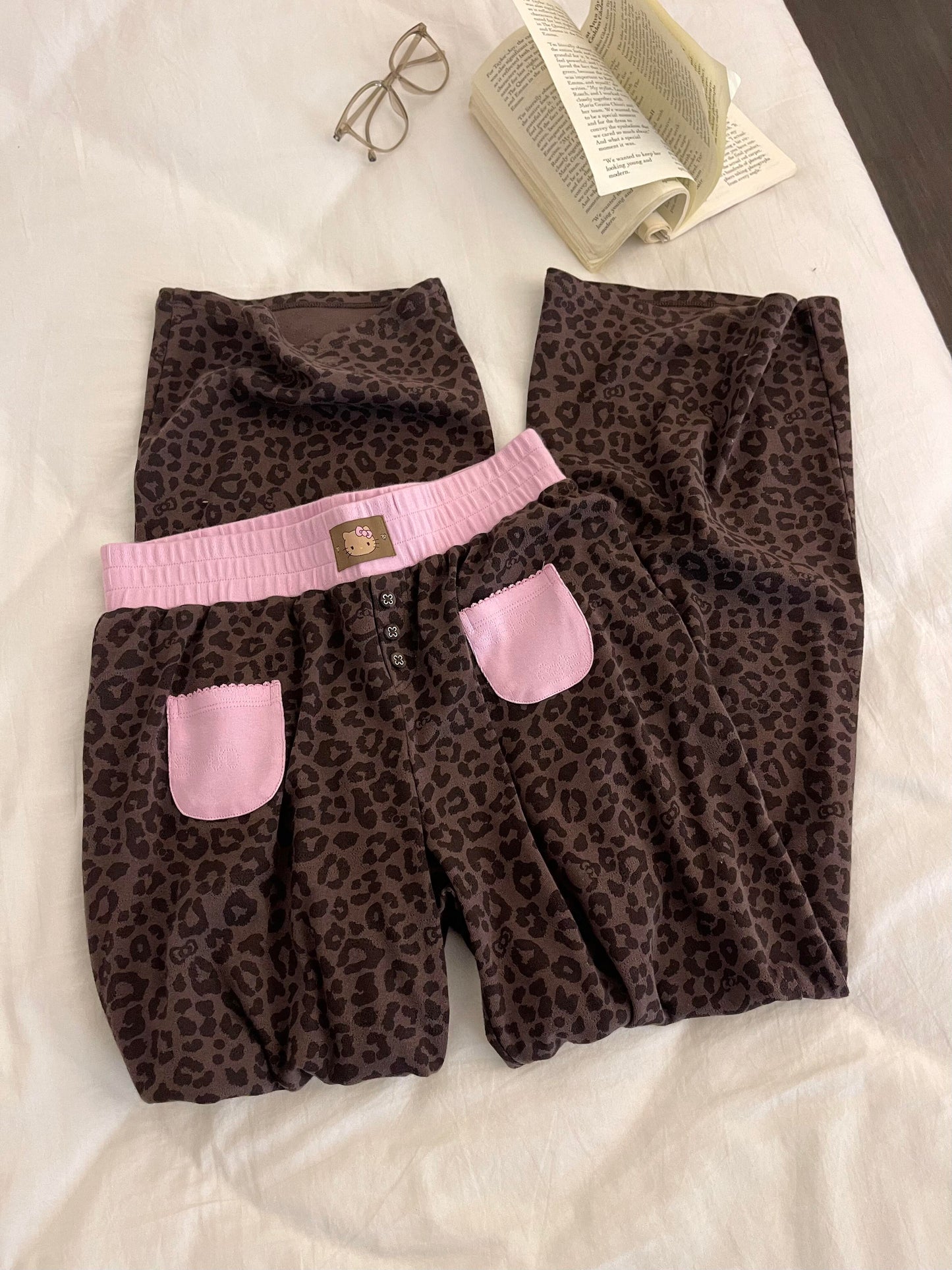 Hellokitty Leopard Print Cotton Cute Short Pajama Set 2 Piece Sleepwear Top with Shorts Pj Set