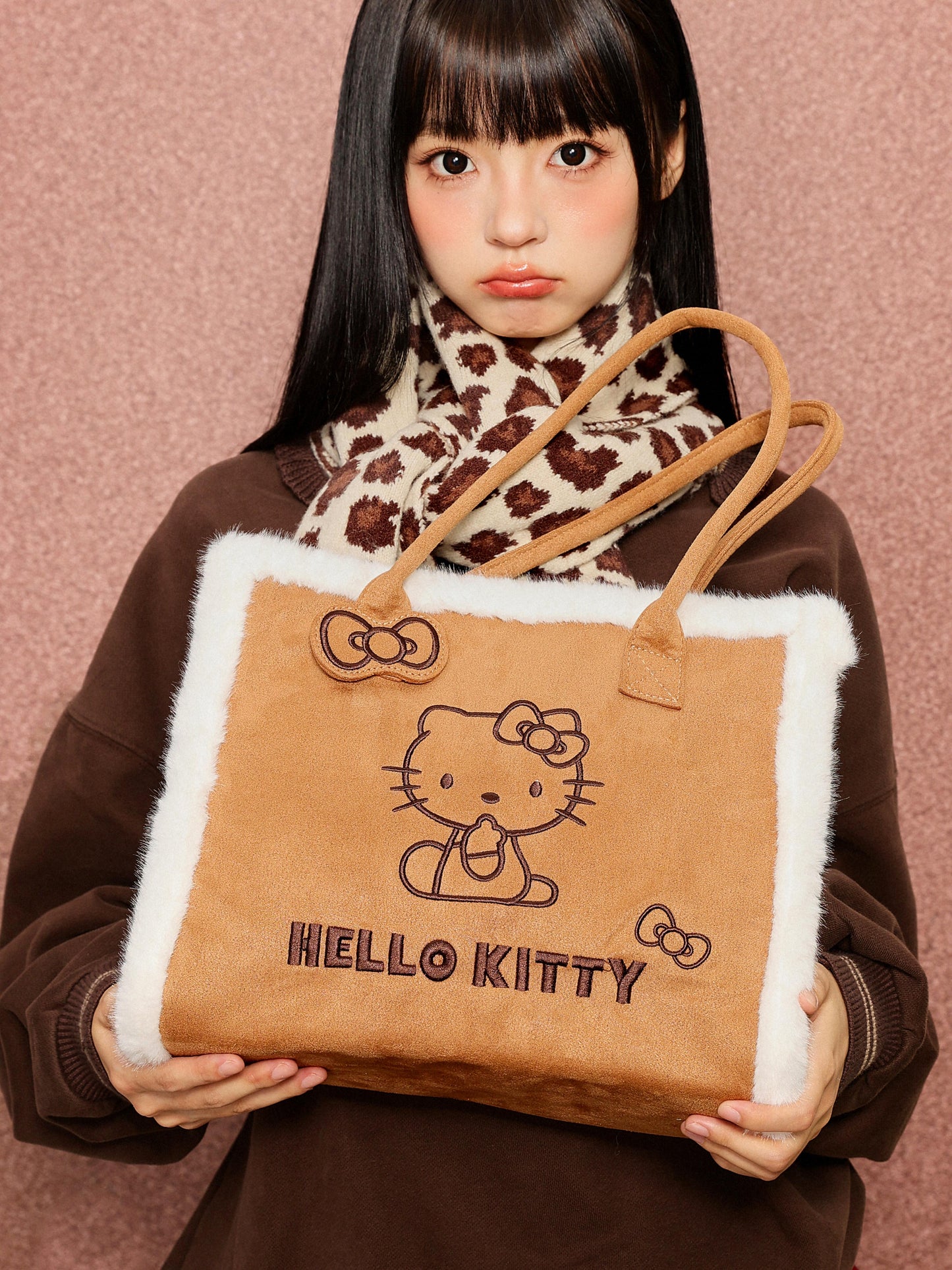 Hellokitty Brown Fluffy Tote Bag Large Fur Purses Winter Fuzzy Totes Furry Shoulder Handbag Plush Bags