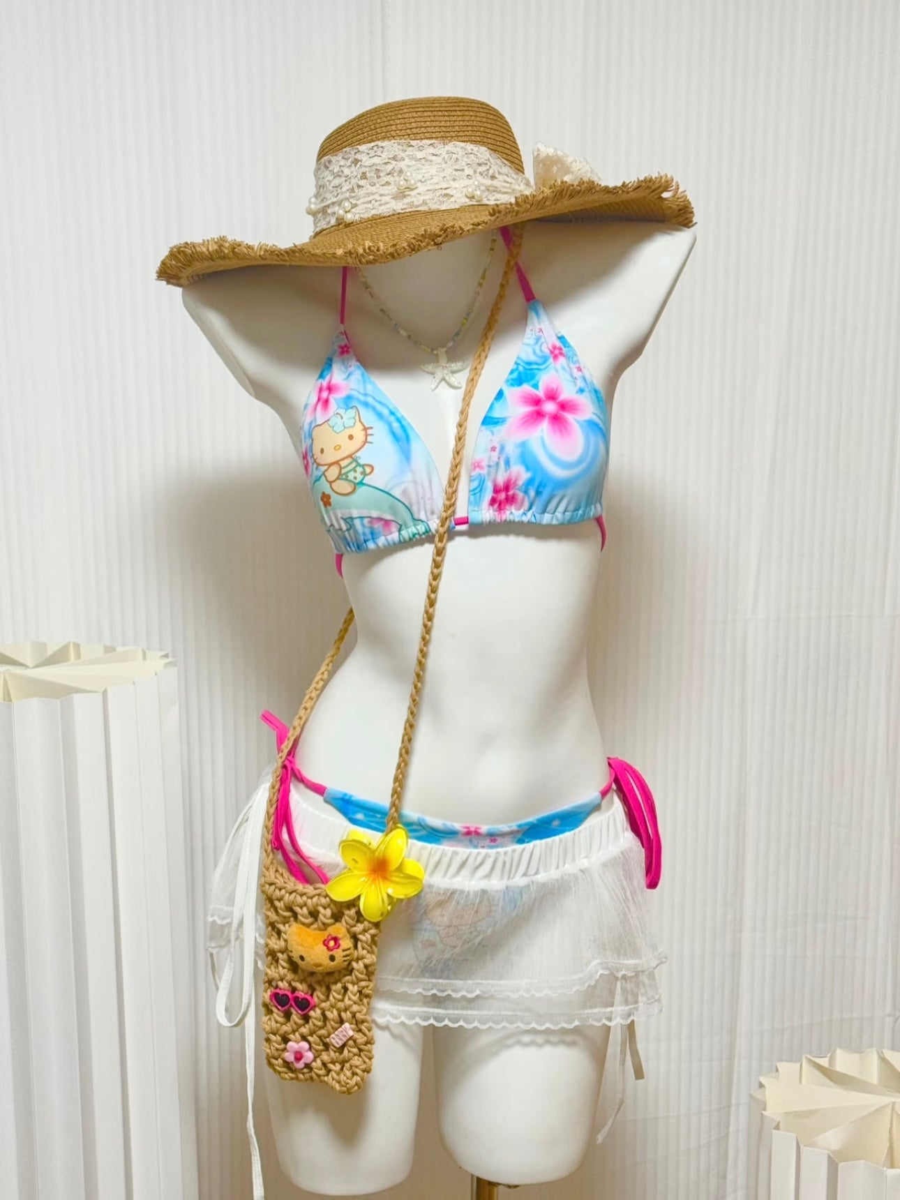 Tan Hellokitty Dolphin Blue Halter Tie Side Triangle Bikini Set high Cut 2 Piece Bikini Swimsuit Bathing Suit