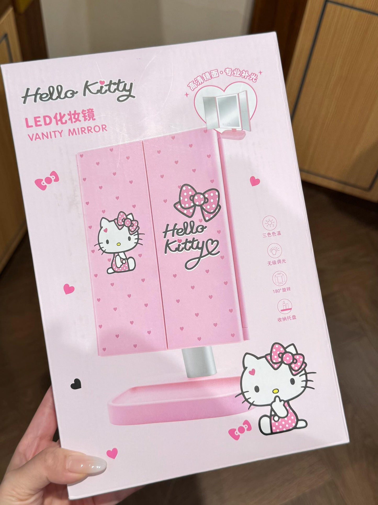 Hellokitty Pink Dresser Mount Tri-Fold Lighted Vanity Mirror with LED Lights, Touch Screen and 3X/2X/1X Magnification,  Make Up Mirror,Travel Mirror