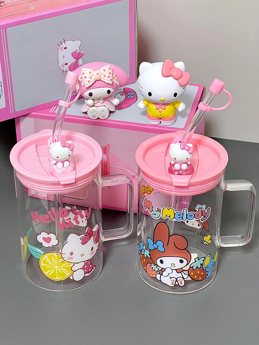 Sanrio Glass Mugs with Straws and Lids 23oz Drinking Glass Cups for Iced Coffee, Smoothie, Overnight Oats Containers