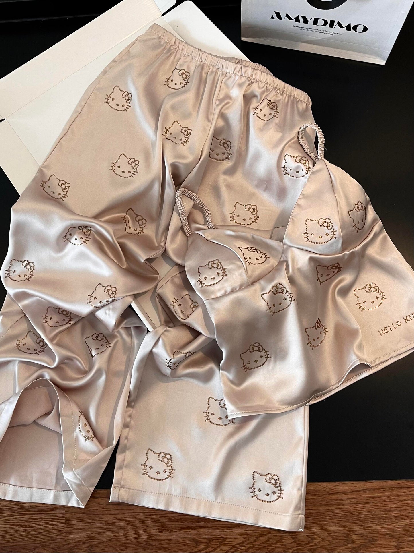 Hellokitty Champagne Satin Pajama Set for Women 2 Piece Silky Lingerie Sleepwear Camisole Pj Shorts Set Soft Nightwear