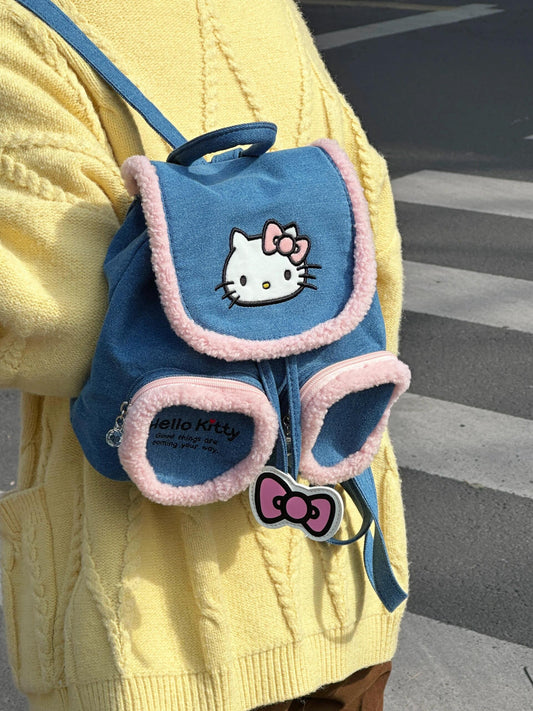 Sanrio Hellokitty Denim Backpack Double Strap Shoulder Bag Purse