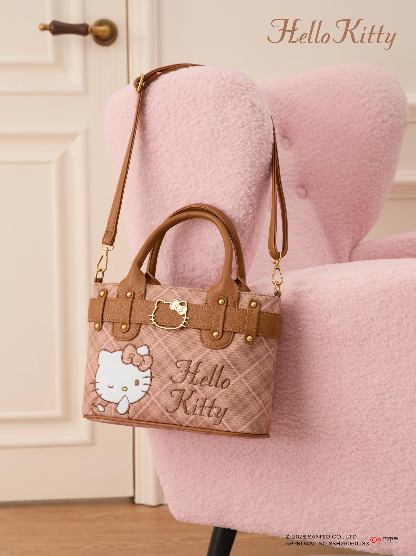 Hellokitty Embroidered Plaid Tote Bag Handbag