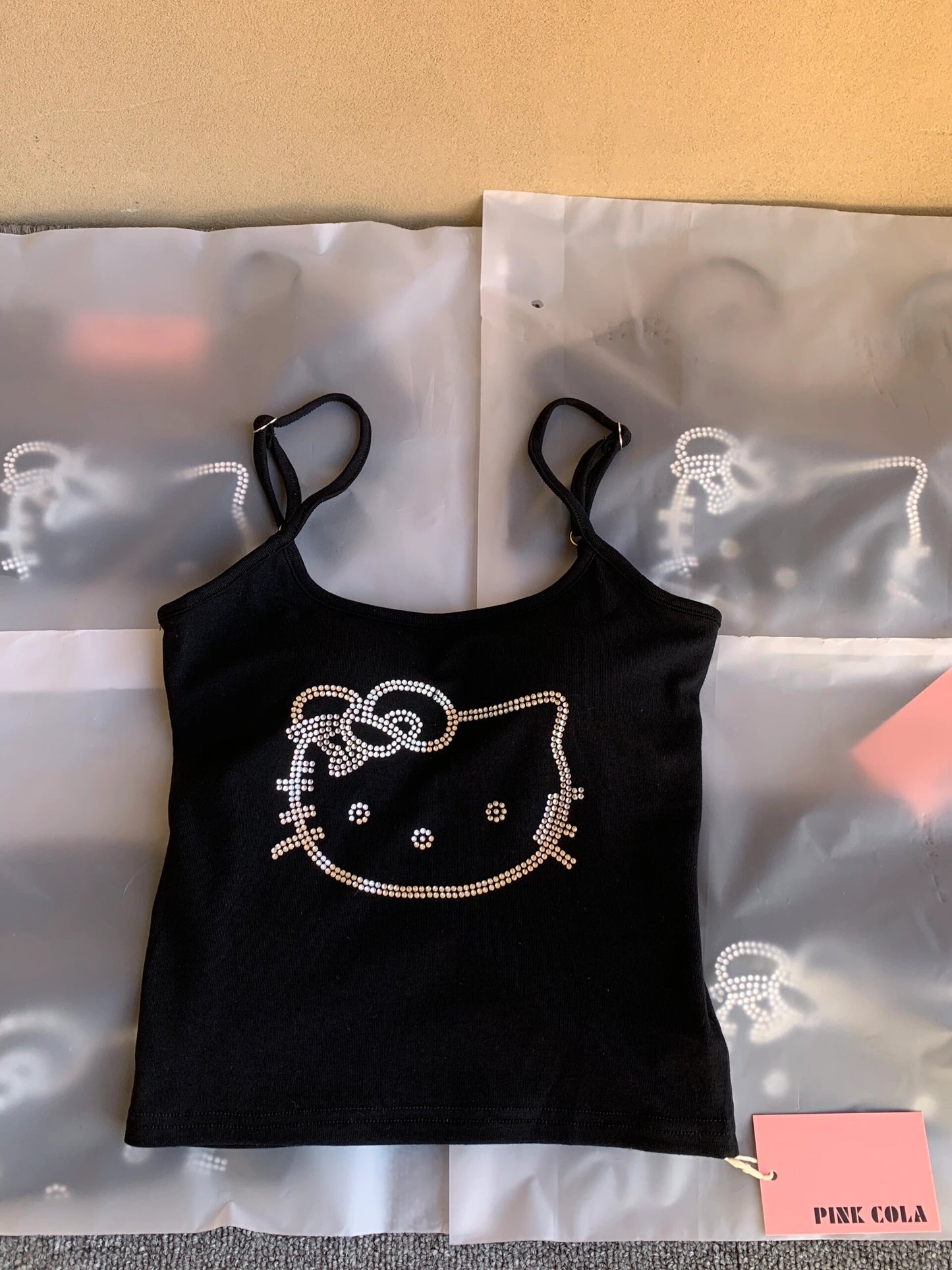 Hellokitty Rhinestone Camisoles Tops with Built in Padded Bra Basic Breathable Tank Top