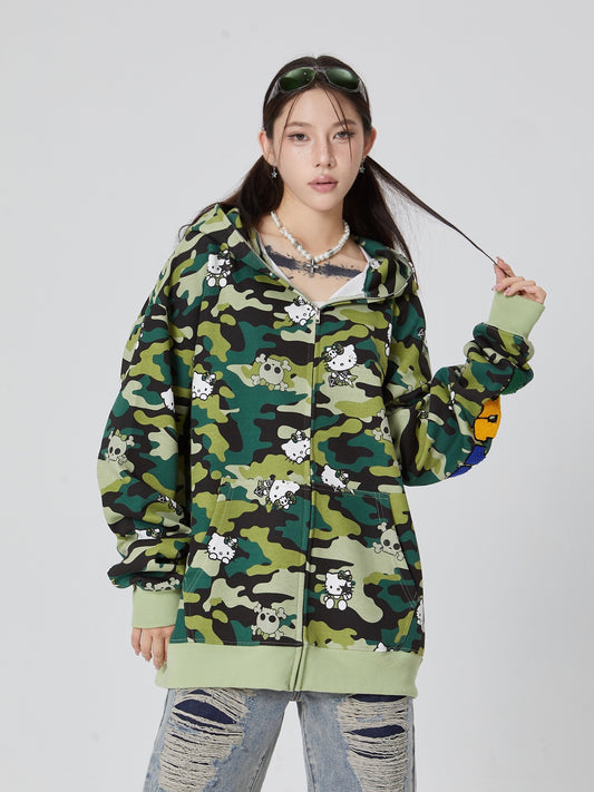 Hellokitty Camouflage Winter Long Sleeve Zip Puffer Jacket Pockets Bag –  jellykawaii