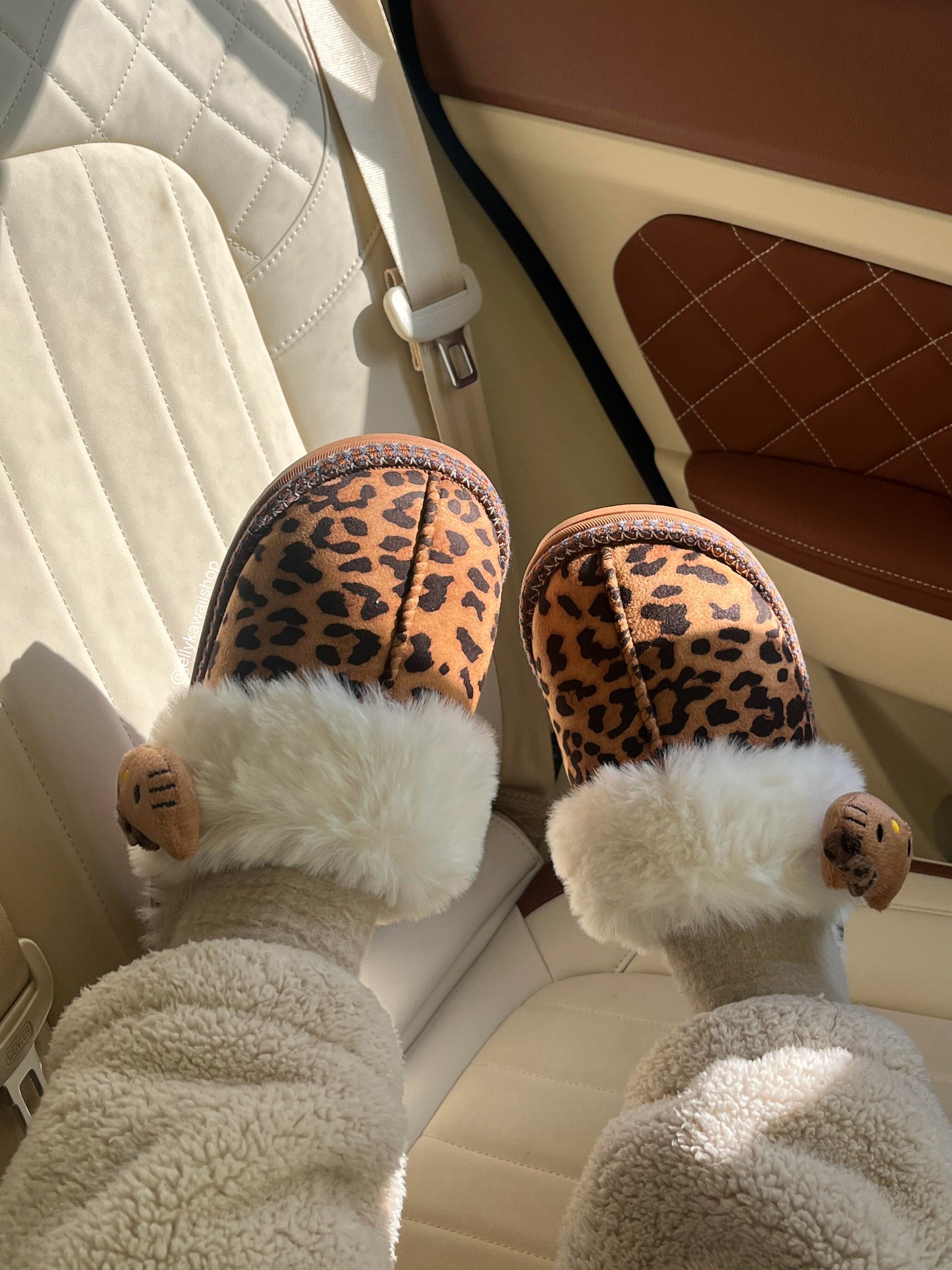 Hellokitty Fuzzy Leopard Print Brown Slippers Fluffy Winter House Shoes Indoor and Outdoor