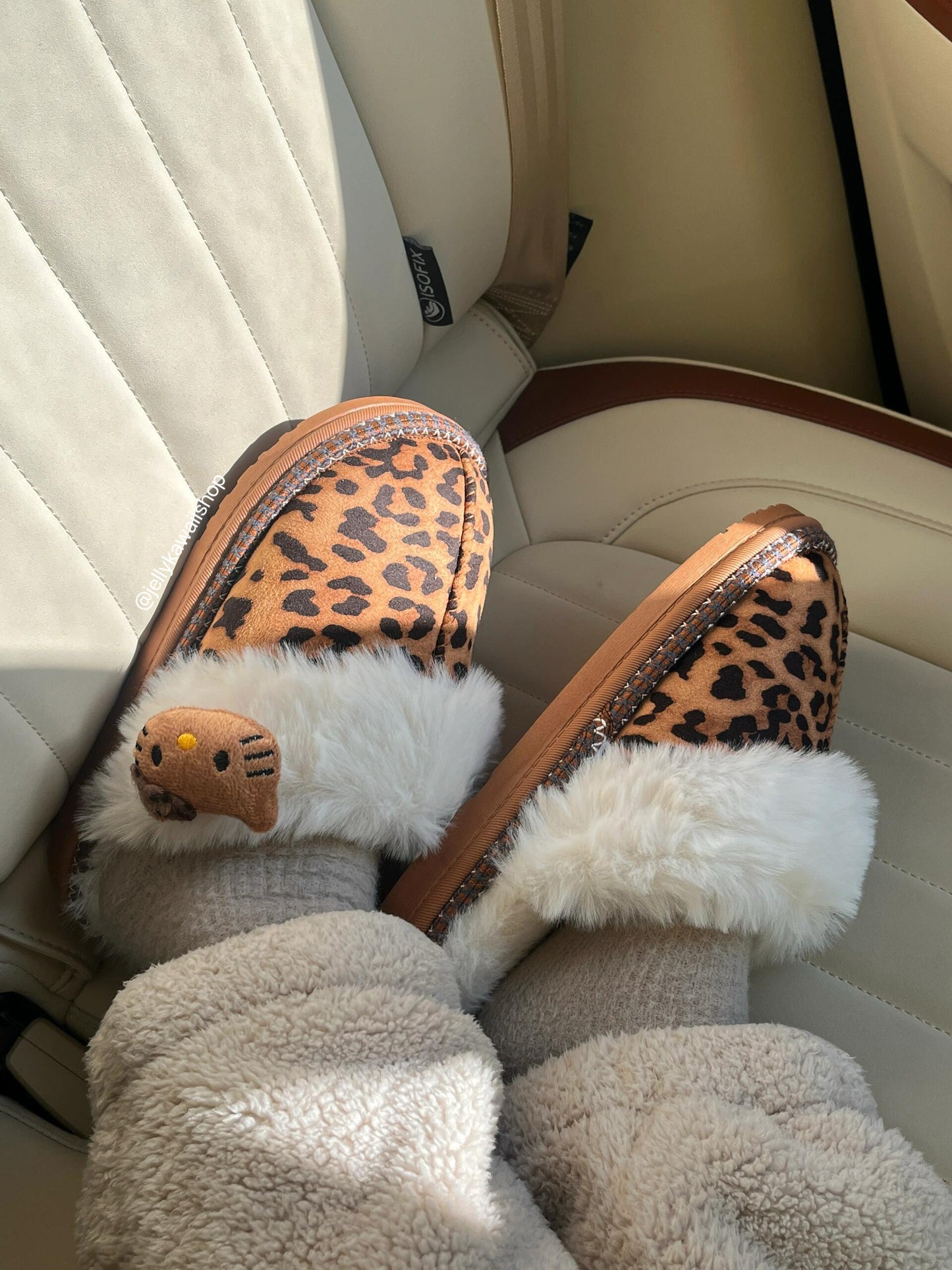 Hellokitty Fuzzy Leopard Print Brown Slippers Fluffy Winter House Shoes Indoor and Outdoor