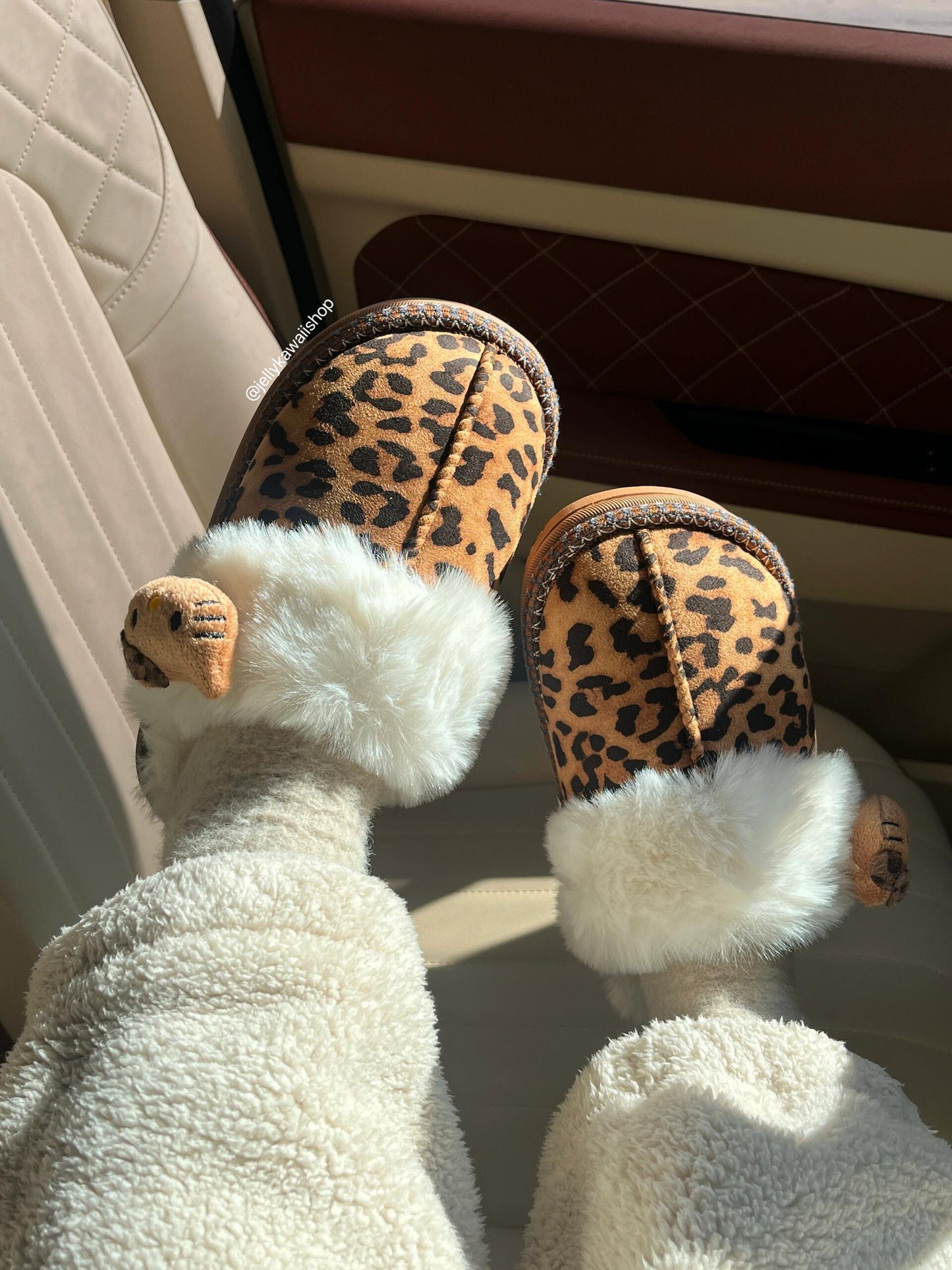 Hellokitty Fuzzy Leopard Print Brown Slippers Fluffy Winter House Shoes Indoor and Outdoor