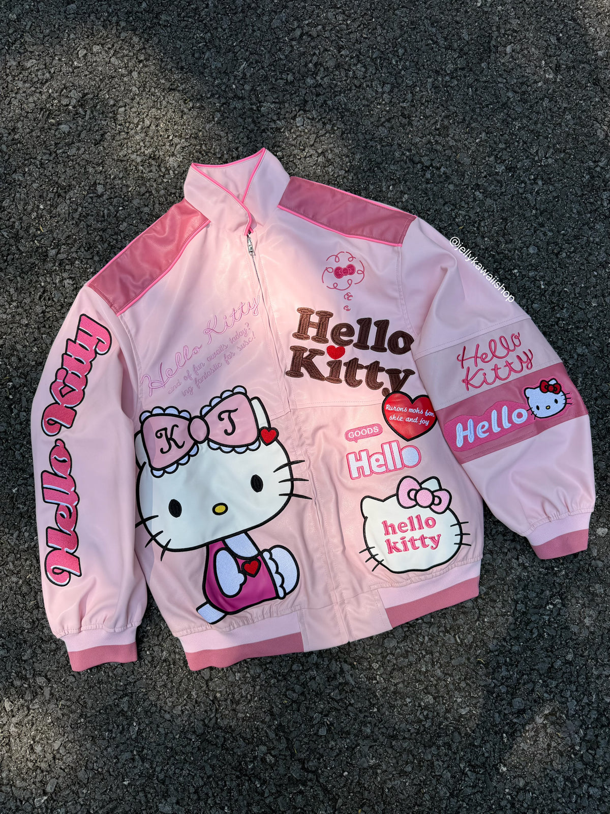 Hello Kitty Embroidered Pink Leather Jacket Unisex Coats