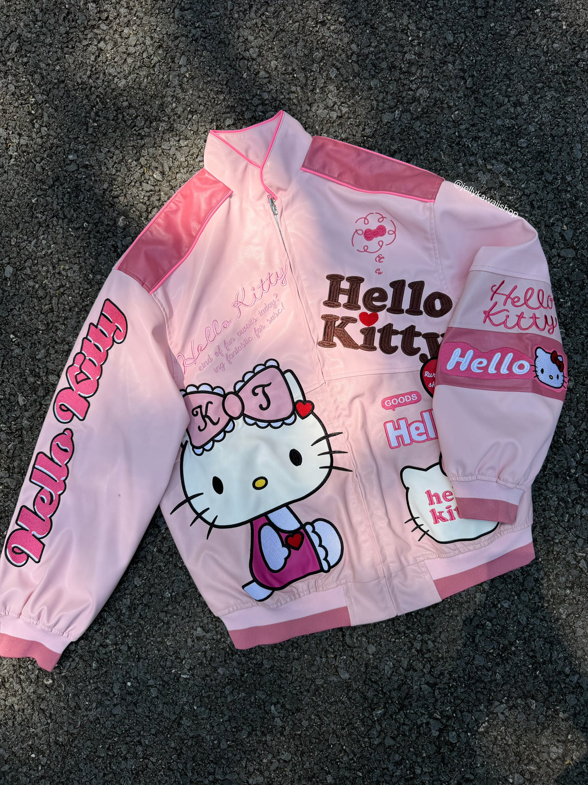 Hello Kitty Embroidered Pink Leather Jacket Unisex Coats