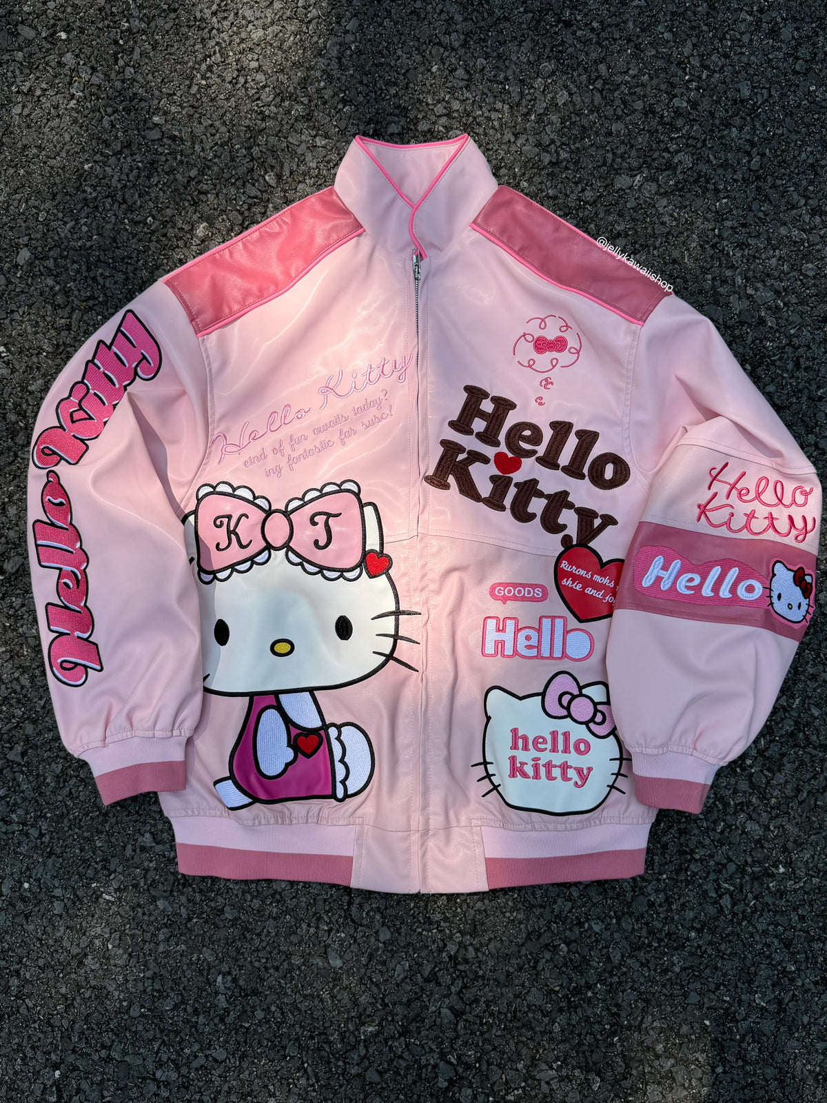 Hello Kitty Embroidered Pink Leather Jacket Unisex Coats