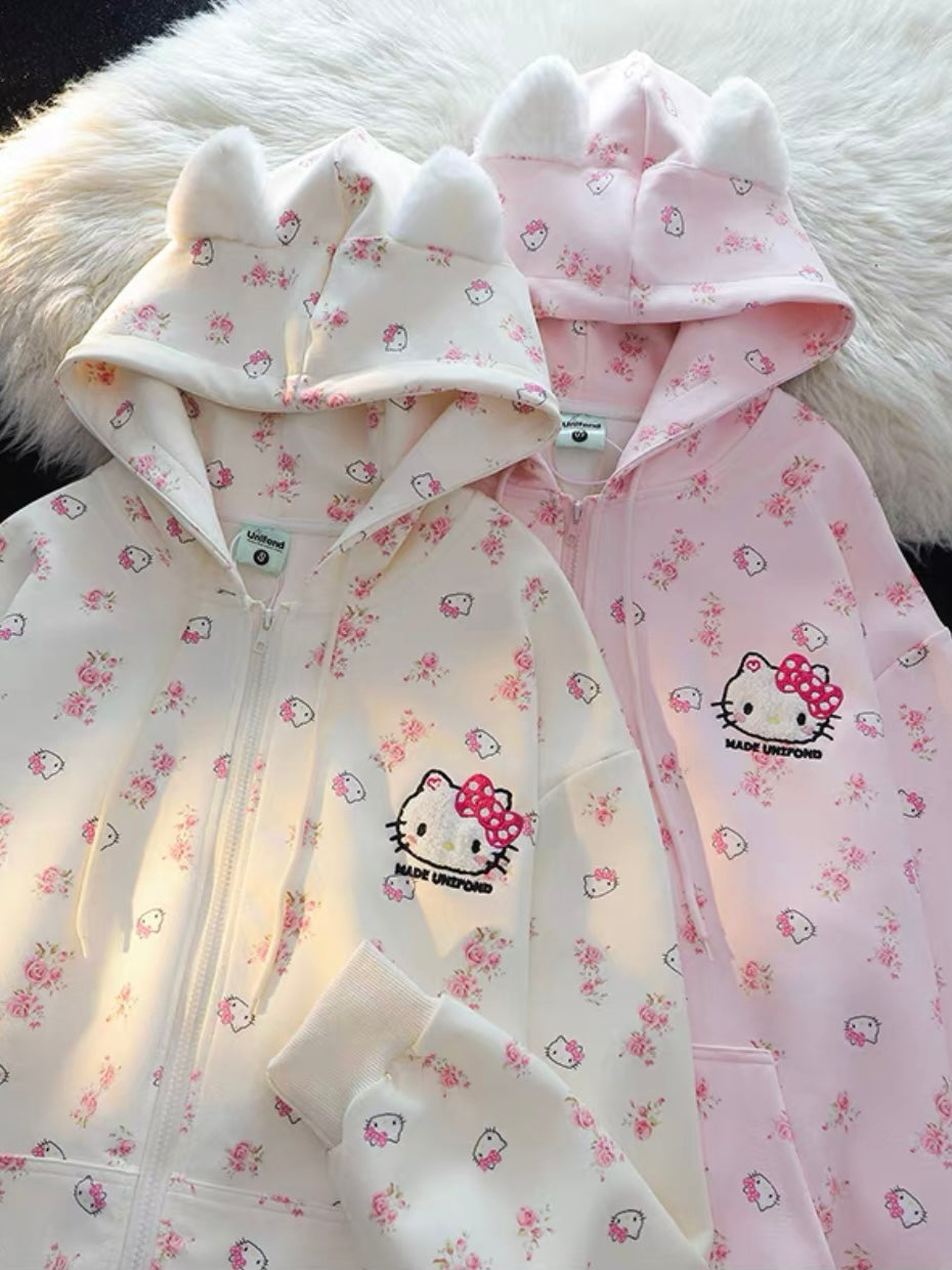 Hellokitty Cute Hoodies Fall Jacket Oversized Sweatshirts Casual Drawstring Zip Up Y2K Hoodie with Pocket