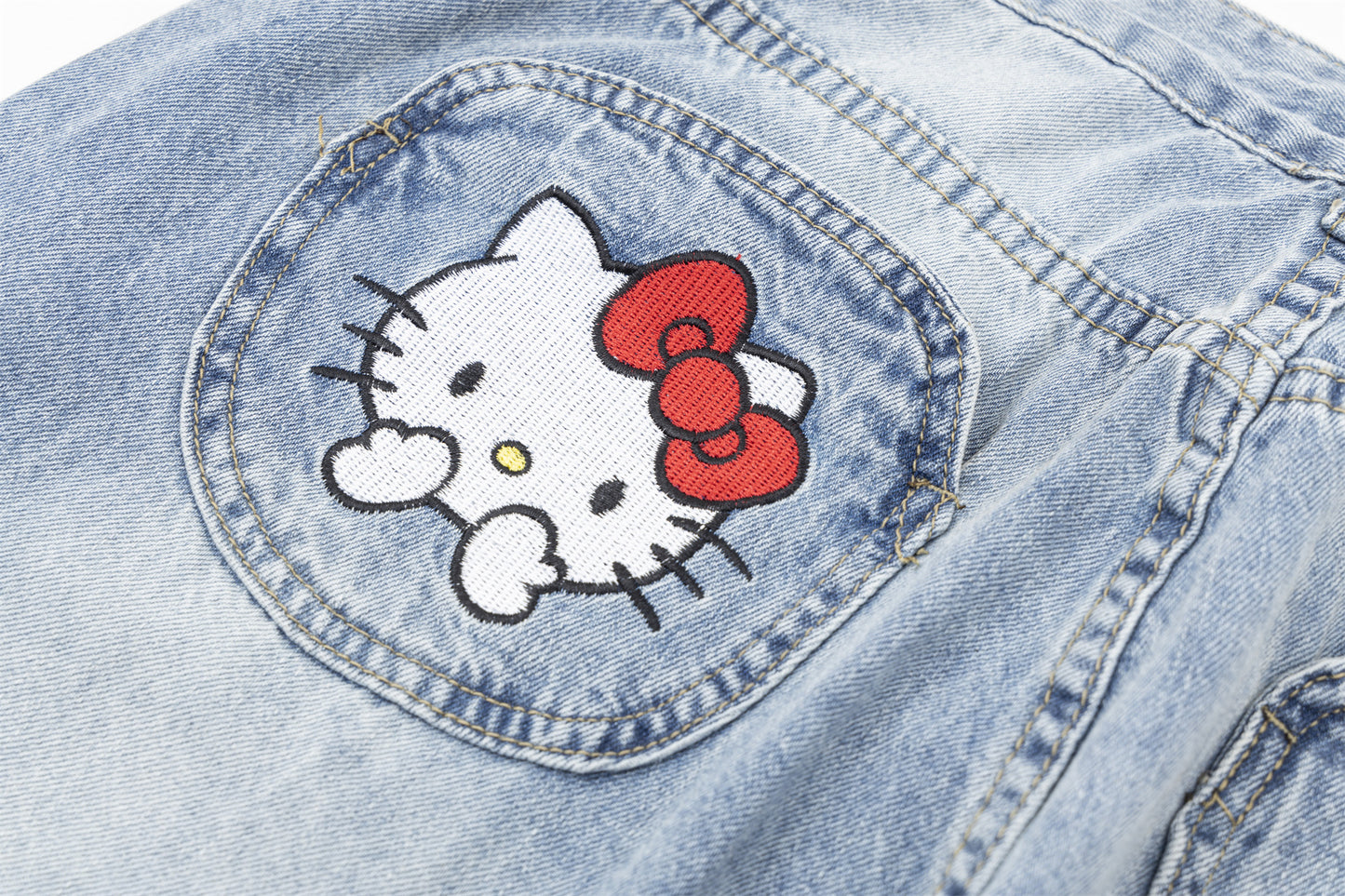 Hellokitty Pocket Embroidery Wide Leg Jeans High Waist Baggy Jeans for Women Loose Boyfriends Jeans Denim Pants Y2K 90s