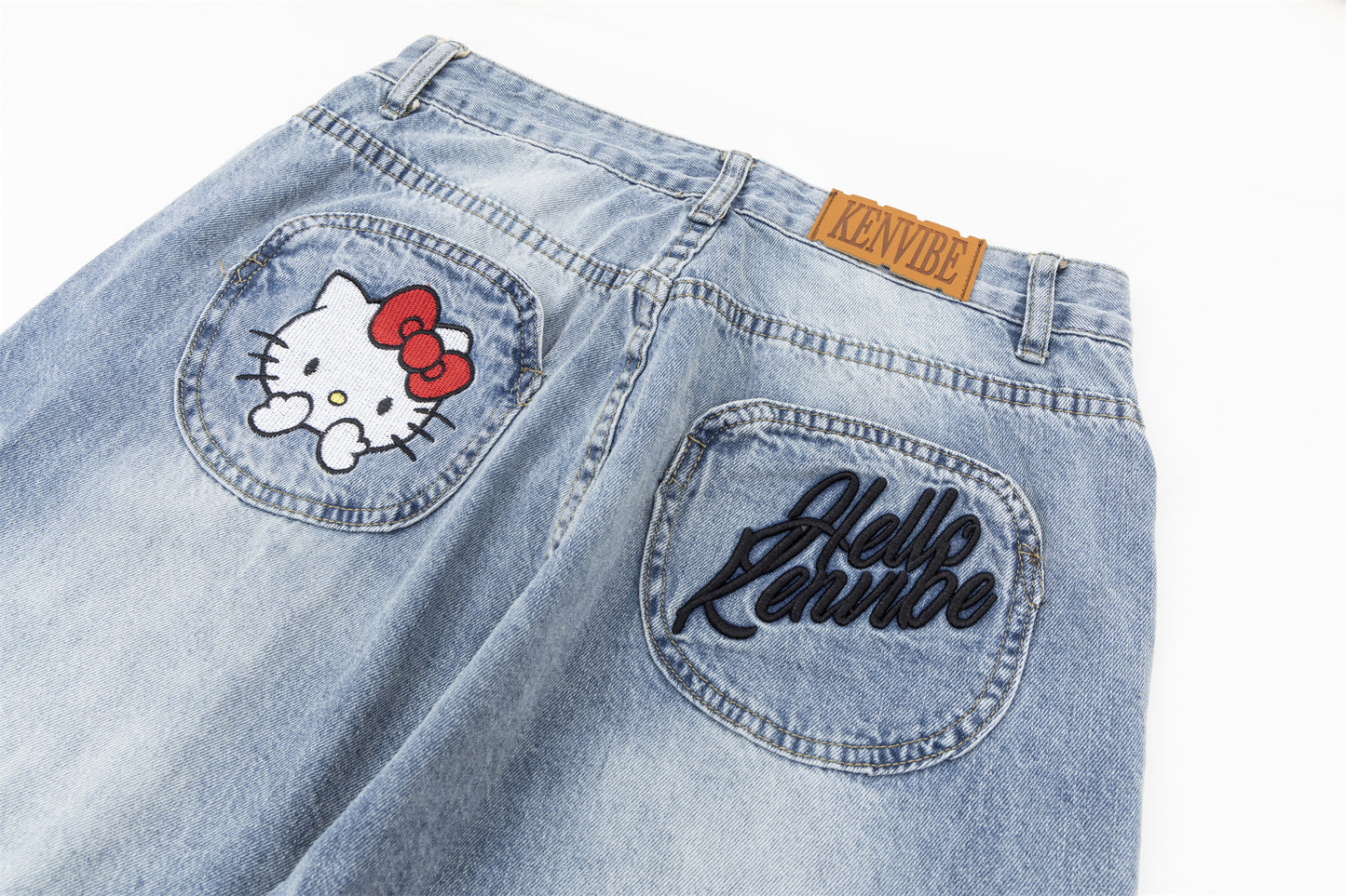 Hellokitty Pocket Embroidery Wide Leg Jeans High Waist Baggy Jeans for Women Loose Boyfriends Jeans Denim Pants Y2K 90s