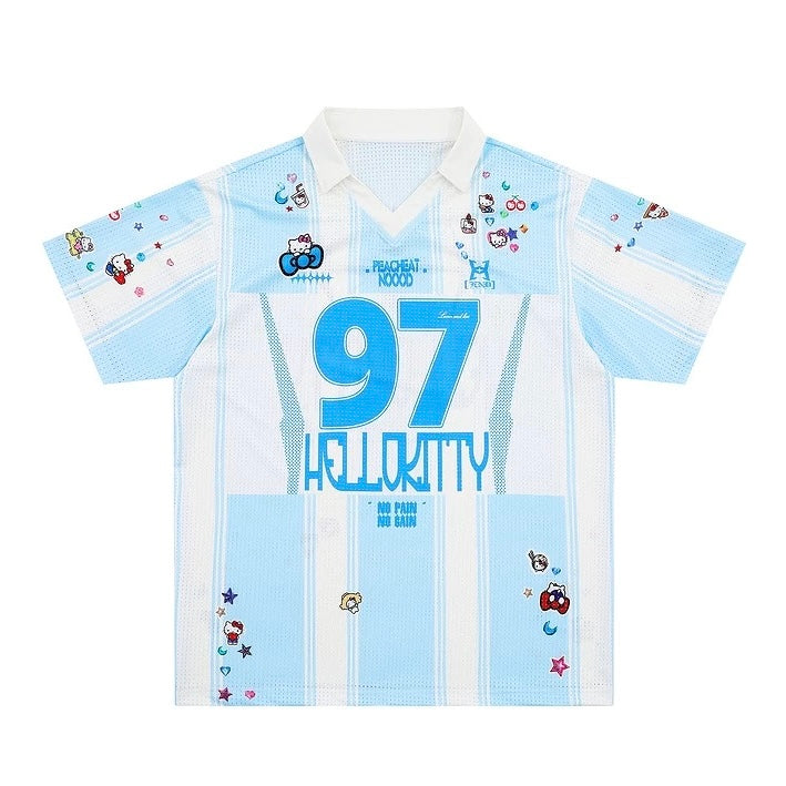 Hellokitty Jersey Shirts for Women V Neck Tshirt Striped Number Graphic Shirt Casual Y2k Streetwear Tee Tops