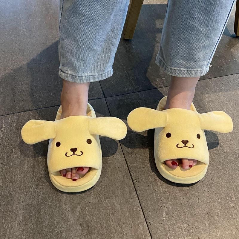 Sanrio Fuzzy Slippers House Slippers Open Toe Open Back FoamEar Moving Jumping Slippers with Rubber Sole for Women4.5 One Size
