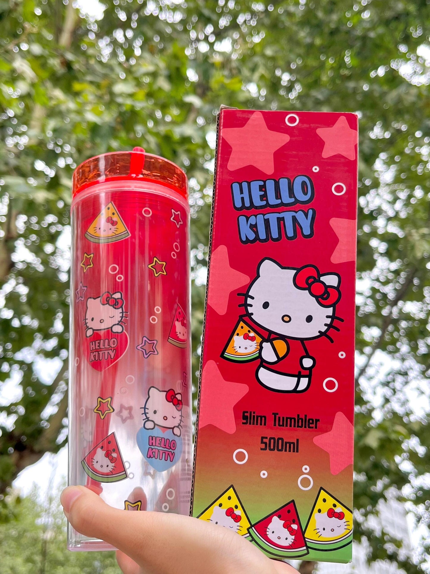 Hellokitty Watermelon Red Gradient Cups with Lids and Straws Plastic Reusable for Kids Women Party, Iced Coffee