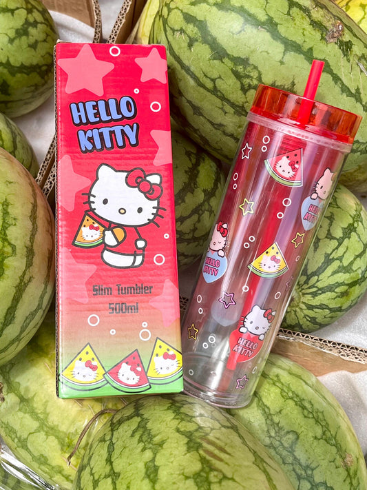 Hellokitty Watermelon Red Gradient Cups with Lids and Straws Plastic Reusable for Kids Women Party, Iced Coffee