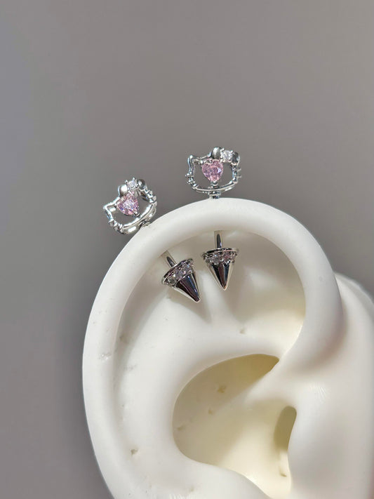 Hellokitty Shape Pink Rhinestones Titanium Steel Ear Stud Earrings