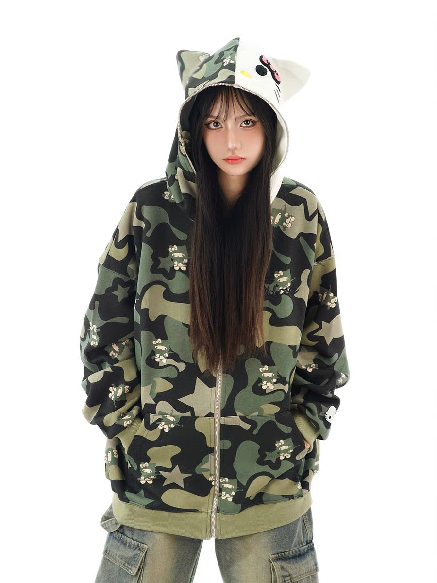 Hellokitty Camouflage Hoodies Fall Jacket Oversized Sweatshirts Casual Drawstring Zip Up Y2K Hoodie with Pocket