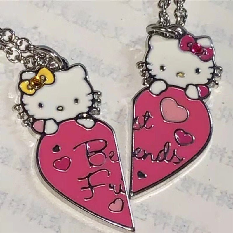 Hellokitty Necklace for Couples Friendship Heart Pendant Shaped 2 Two Piece Jewelry Set Gifts for Him Her