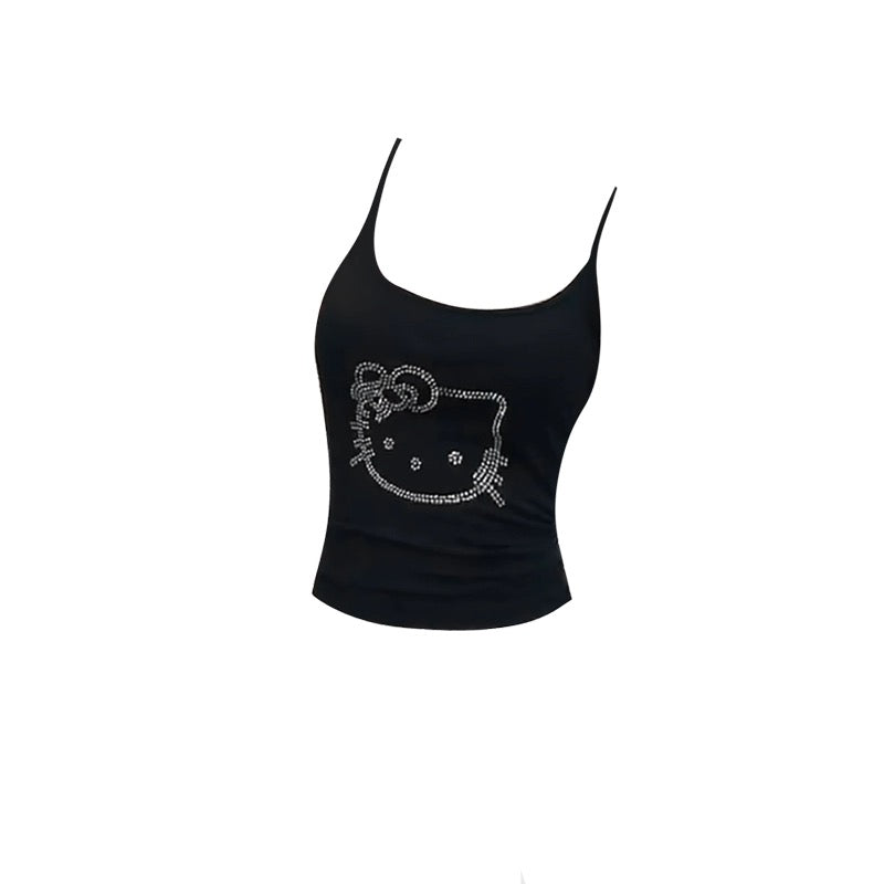 Hellokitty Rhinestone Camisoles Tops with Built in Padded Bra Basic Breathable Tank Top