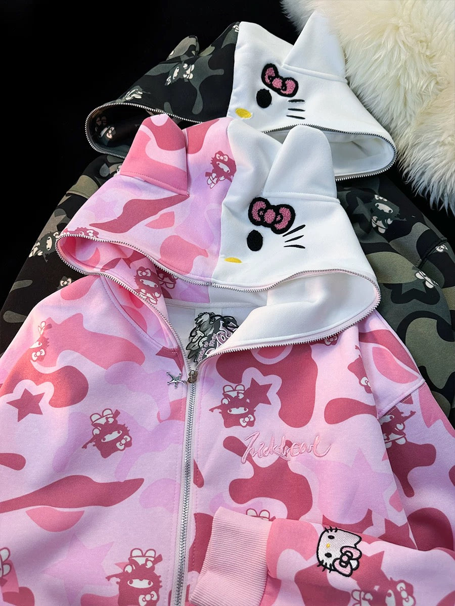 Hellokitty Camouflage Hoodies Fall Jacket Oversized Sweatshirts Casual Drawstring Zip Up Y2K Hoodie with Pocket