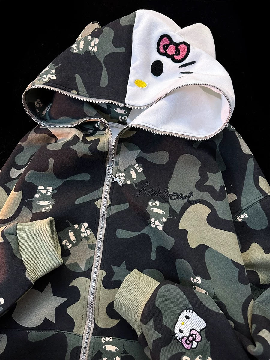 Hellokitty Camouflage Hoodies Fall Jacket Oversized Sweatshirts Casual Drawstring Zip Up Y2K Hoodie with Pocket