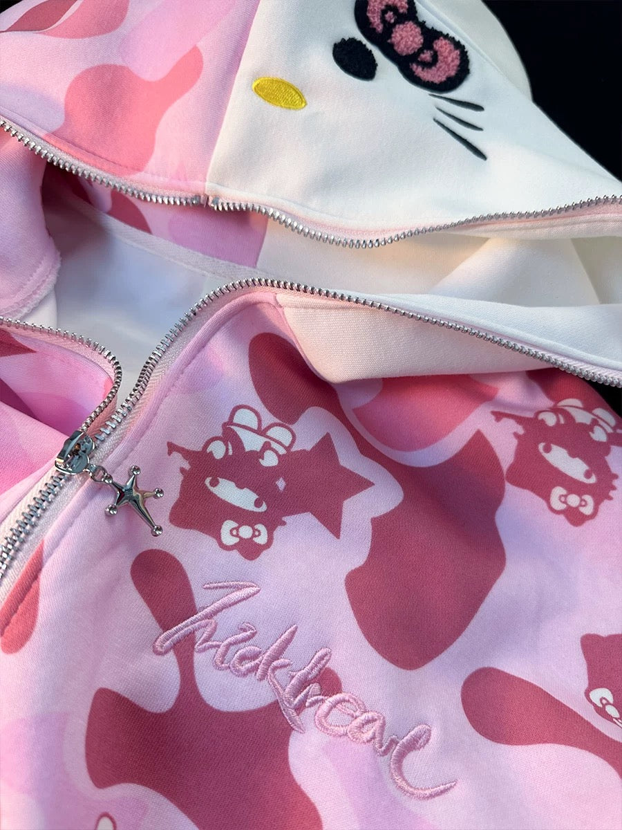 Hellokitty Camouflage Hoodies Fall Jacket Oversized Sweatshirts Casual Drawstring Zip Up Y2K Hoodie with Pocket