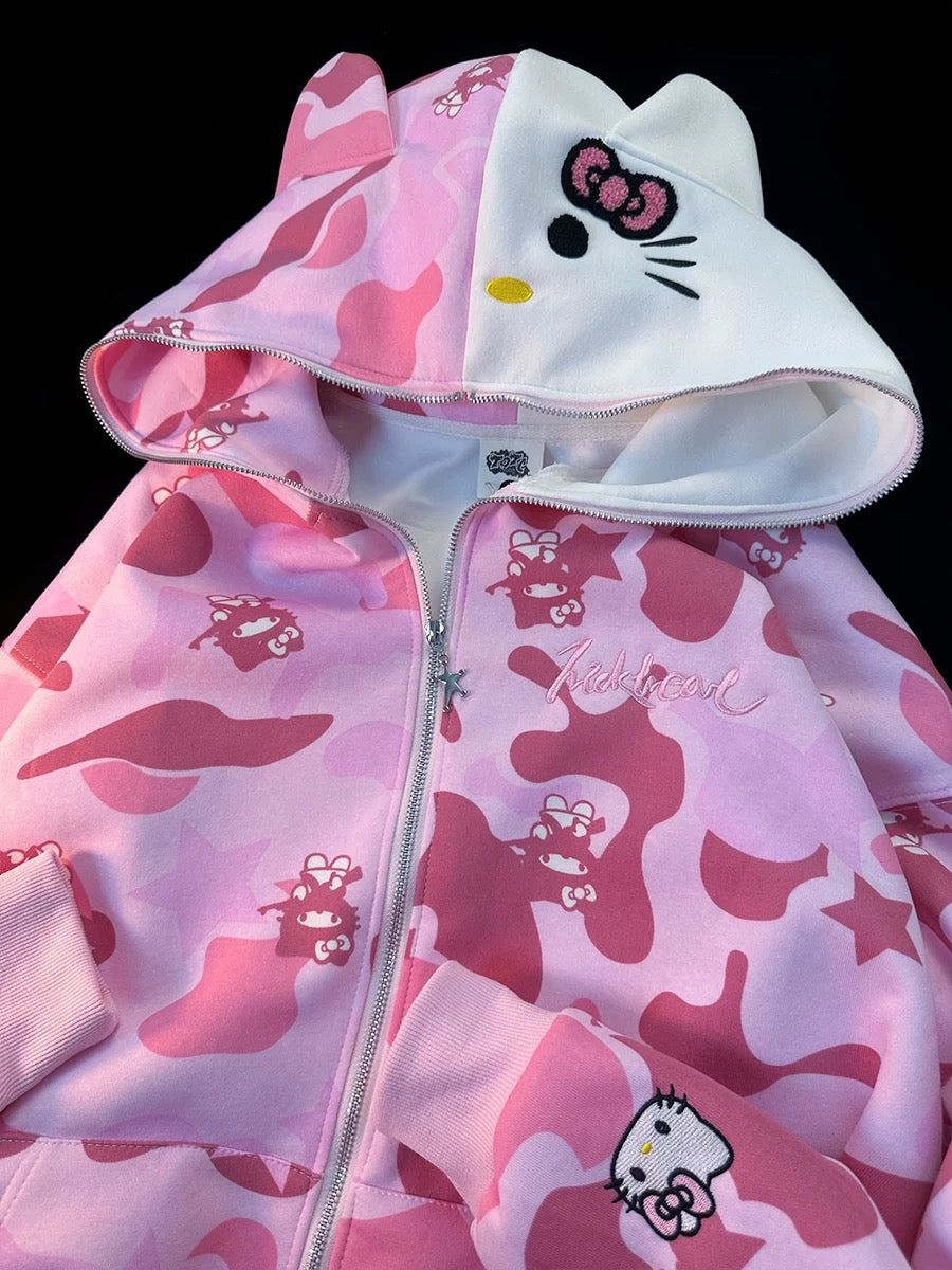 Hellokitty Camouflage Hoodies Fall Jacket Oversized Sweatshirts Casual Drawstring Zip Up Y2K Hoodie with Pocket