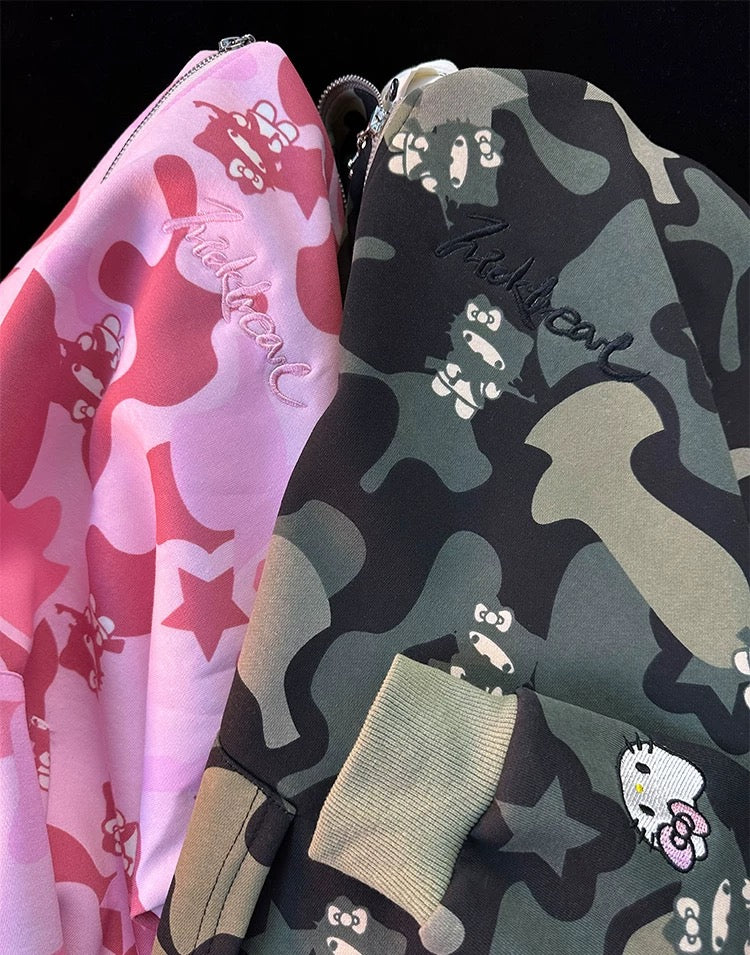 Hellokitty Camouflage Hoodies Fall Jacket Oversized Sweatshirts Casual Drawstring Zip Up Y2K Hoodie with Pocket