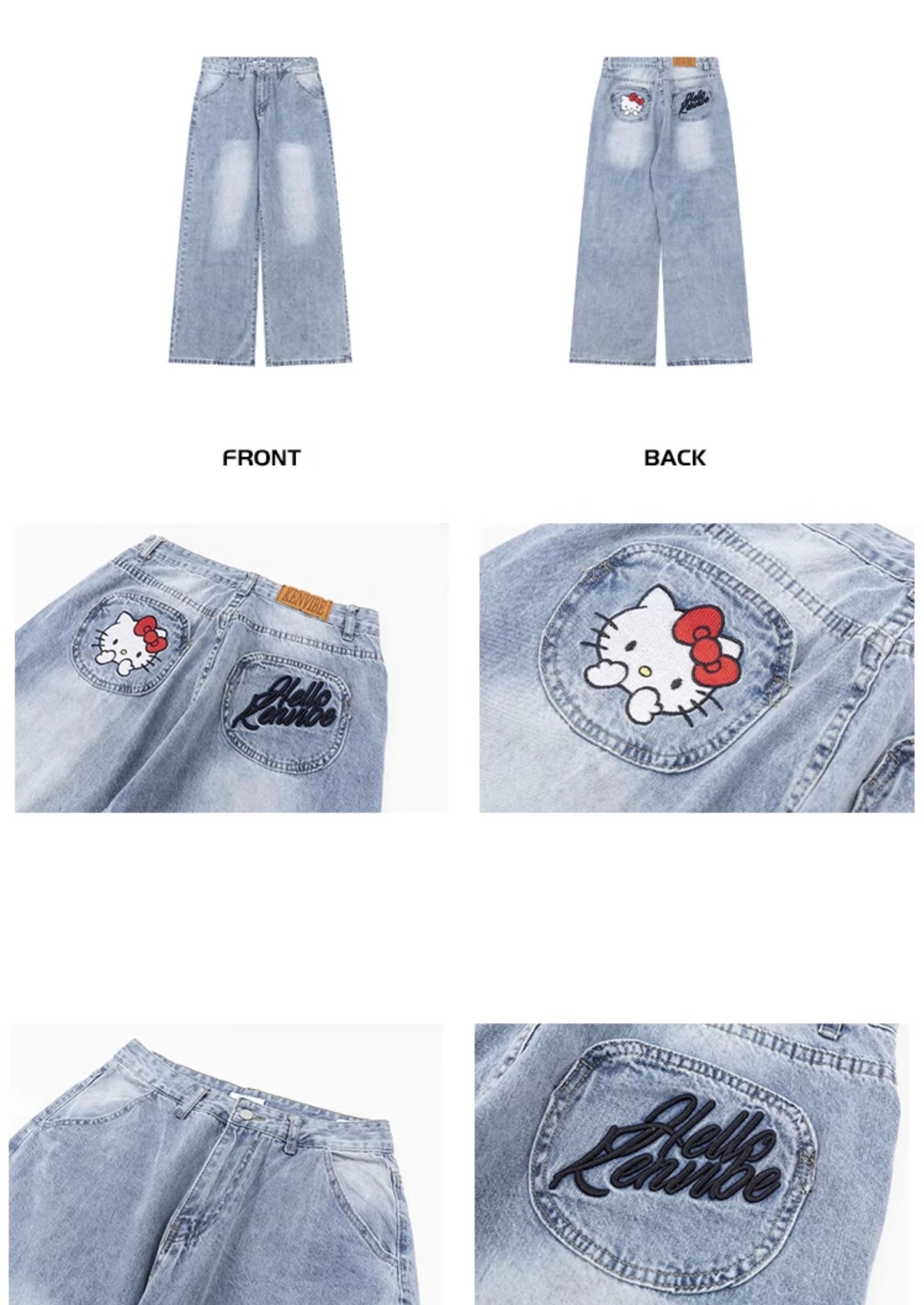 Hellokitty Pocket Embroidery Wide Leg Jeans High Waist Baggy Jeans for Women Loose Boyfriends Jeans Denim Pants Y2K 90s