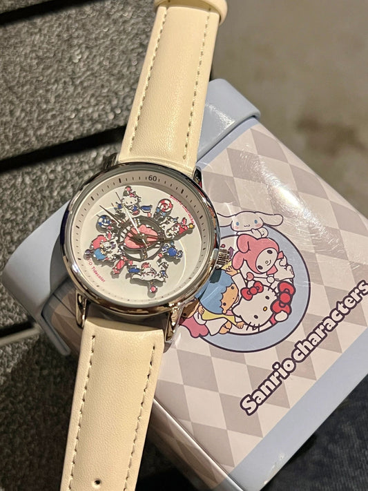 Sanrio Women Carousel Turntable Watch Gift Box | Casual Ladies Wristwatch Silver-Tone Case with White Fabric Strap (36mm)