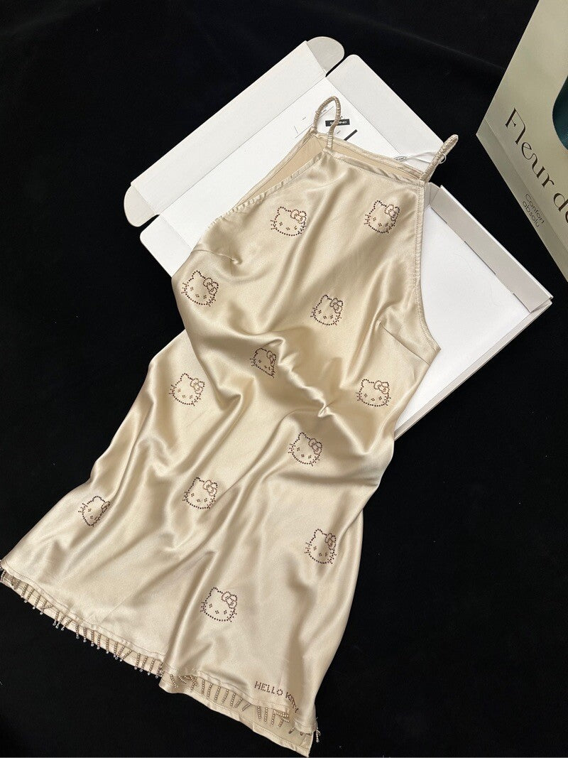 Hellokitty Champagne Silk Nightgown for Women Satin Slip Dress Nightdress